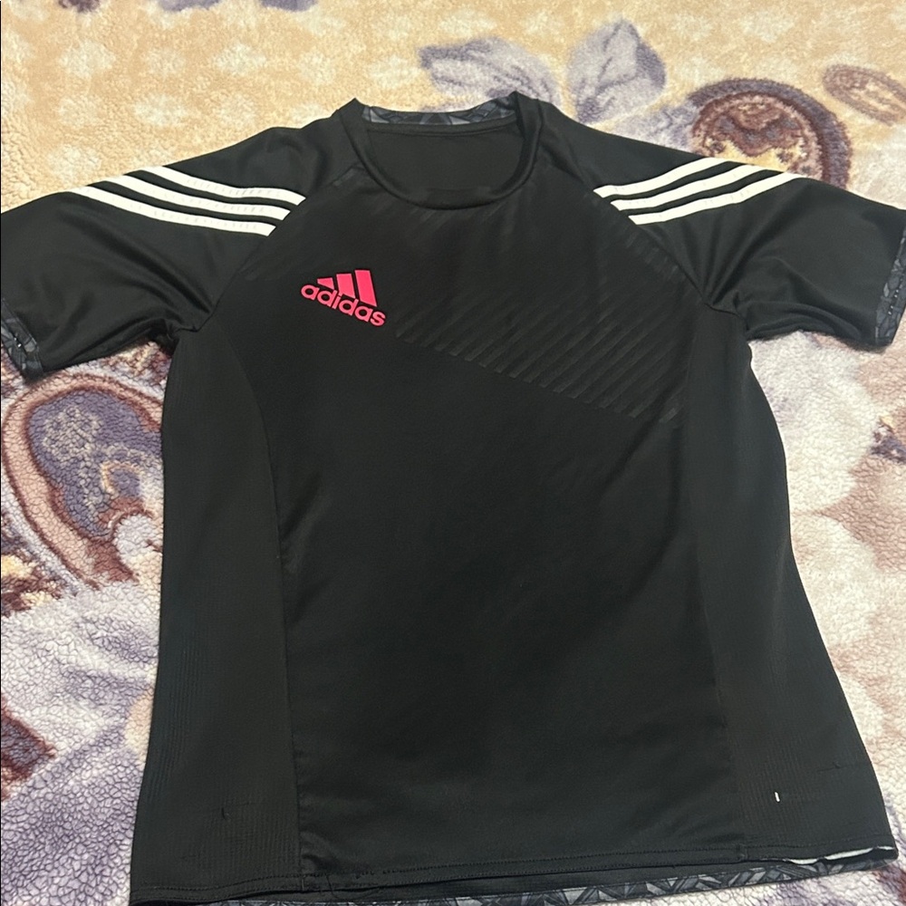 Adidas Black Tee with Pink Logo and White Stripes